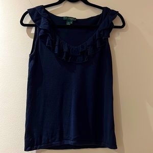 Ralph Lauren - navy ruffled silk shell Medium; VGUC